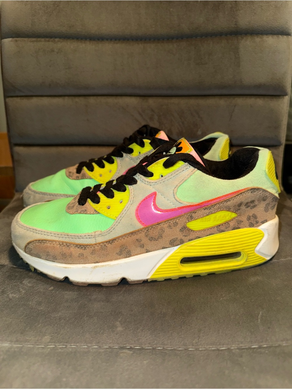 Women’s  Neon Green and Pink Nike Air-Style Sneakers with Leopard Accent